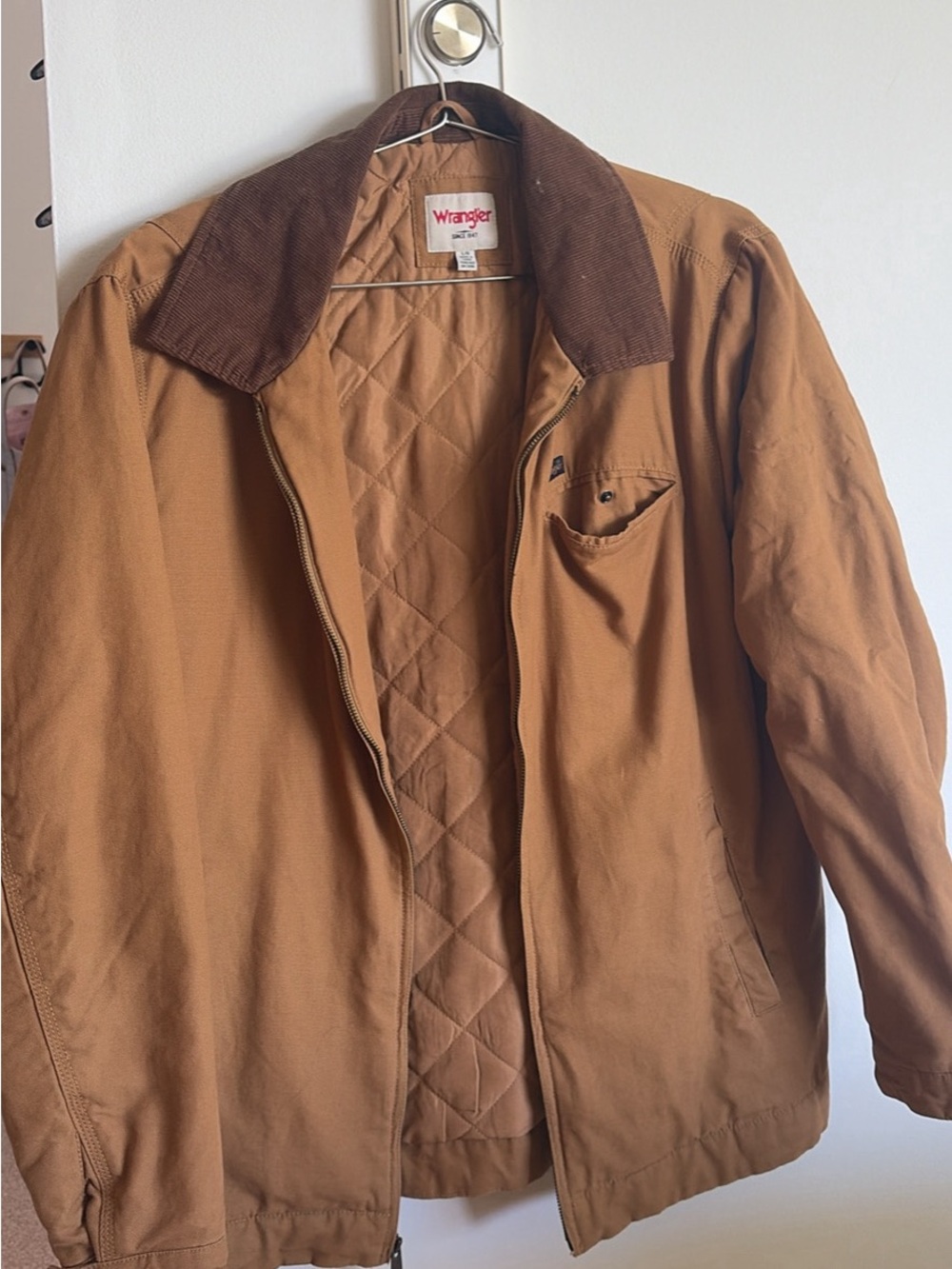 Wrangler Men's Tan Quilted-Lined Jacket with Brown Corduroy Collar